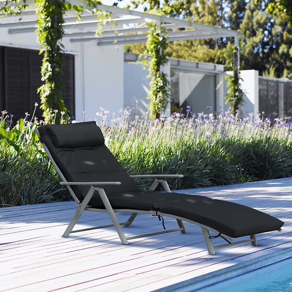 OUTSUNNY - Bain de soleil pliable transat inclinable 7 positions chaise longue grand confort avec matelas + accoudoirs métal époxy textilène polyester noir - large