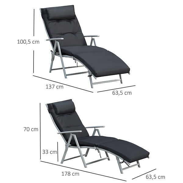 OUTSUNNY - Bain de soleil pliable transat inclinable 7 positions chaise longue grand confort avec matelas + accoudoirs métal époxy textilène polyester noir - large