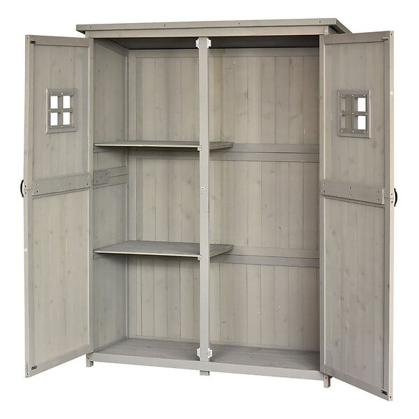 OUTSUNNY - Abri de jardin armoire de jardin remise pour outils sur pied dim. 128L x 50l x 164H cm 2 étagères 2 portes 2 fenêtres toit bitumé étanche bois massif sapin pré-huilé gris - large