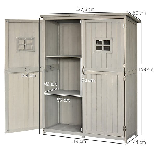 OUTSUNNY - Abri de jardin armoire de jardin remise pour outils sur pied dim. 128L x 50l x 164H cm 2 étagères 2 portes 2 fenêtres toit bitumé étanche bois massif sapin pré-huilé gris - large