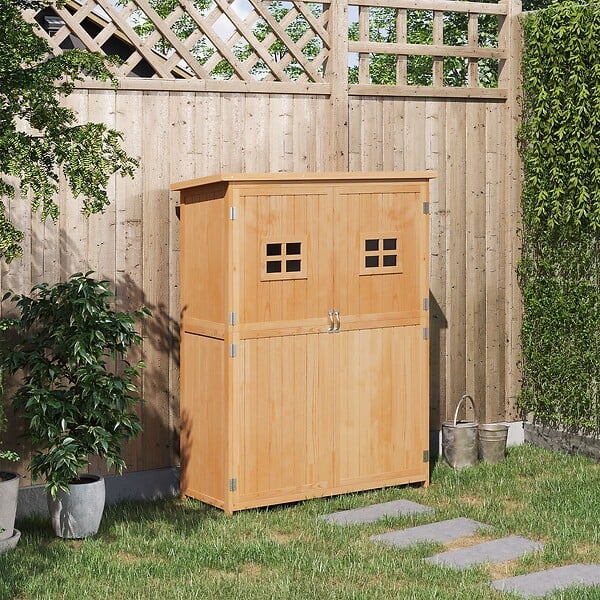 OUTSUNNY - Abri de jardin armoire de jardin remise pour outils sur pied dim. 128L x 50l x 164H cm 2 étagères 2 portes 2 fenêtres toit bitumé étanche bois massif sapin pré-huilé - large