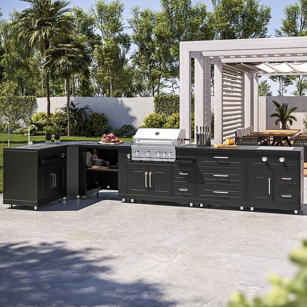 OVIALA - Cuisine d'extérieur angle 6 éléments dont 2 modules de cuisson/évier - large