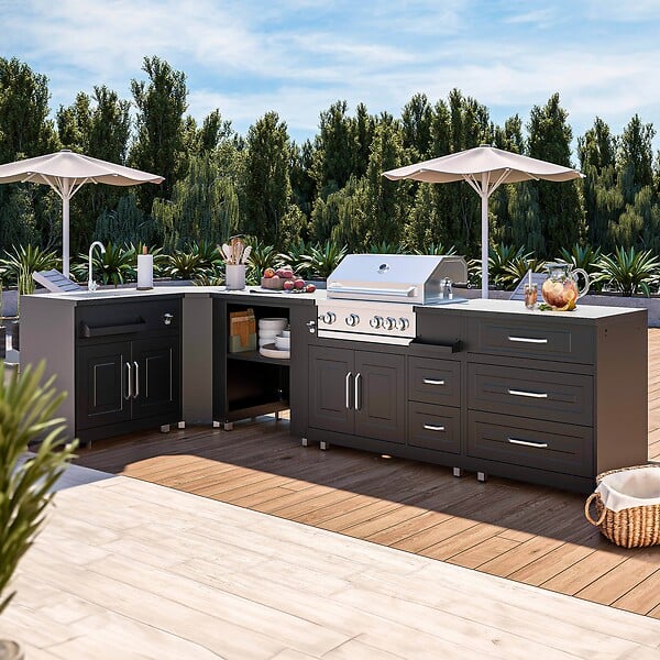 OVIALA - Cuisine d'extérieur angle 5 éléments avec évier et barbecue - large