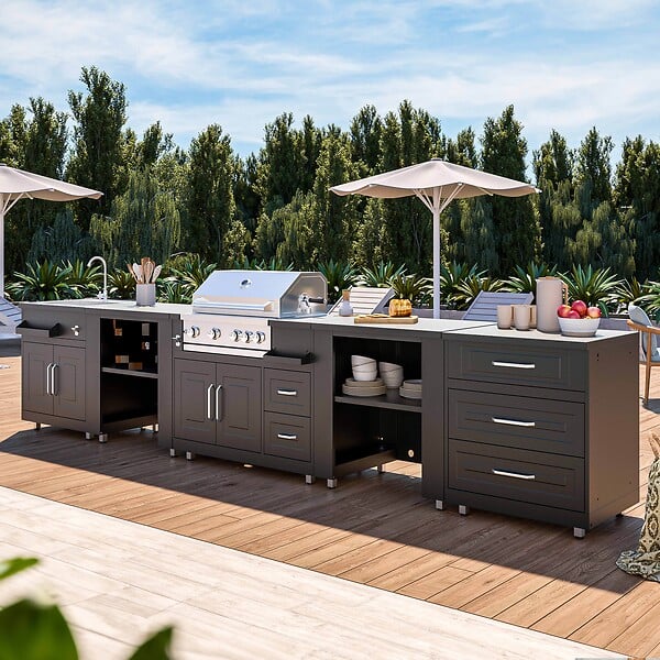 OVIALA - Cuisine d'extérieur angle 5 éléments avec évier et barbecue - large