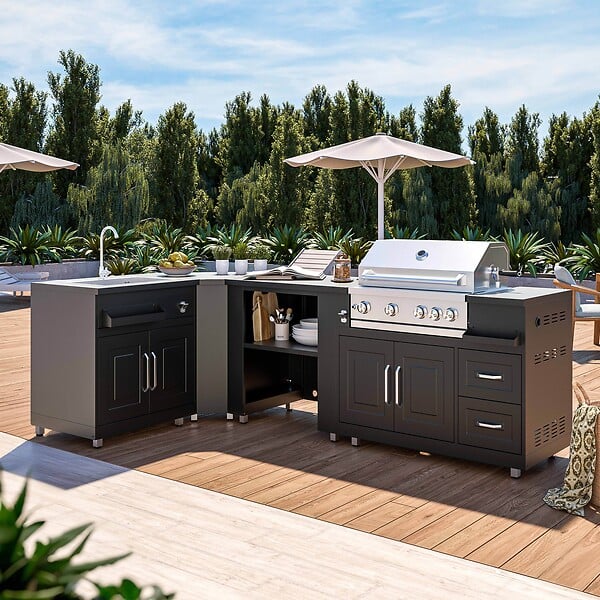 OVIALA - Cuisine d'extérieur angle 4 éléments avec évier et barbecue - large