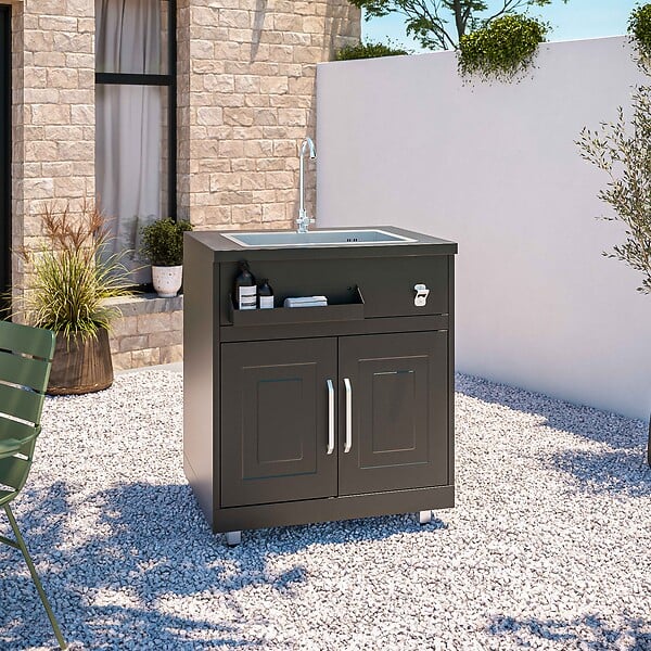 OVIALA - Cuisine d'extérieur angle 4 éléments avec évier et barbecue - large