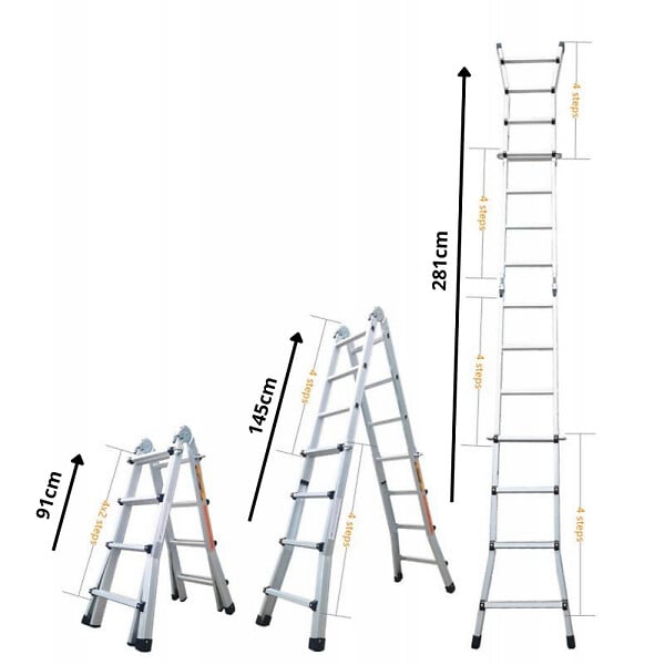 SECURY-T - Échelle articulée pliante et télescopique en aluminium 4x3 marches 2,81m + 2 tablettes - large