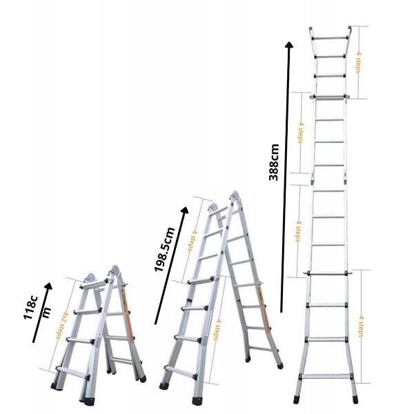 SECURY-T - Échelle articulée pliante et télescopique en aluminium 4x4 marches 3,88m + 2 tablettes - large