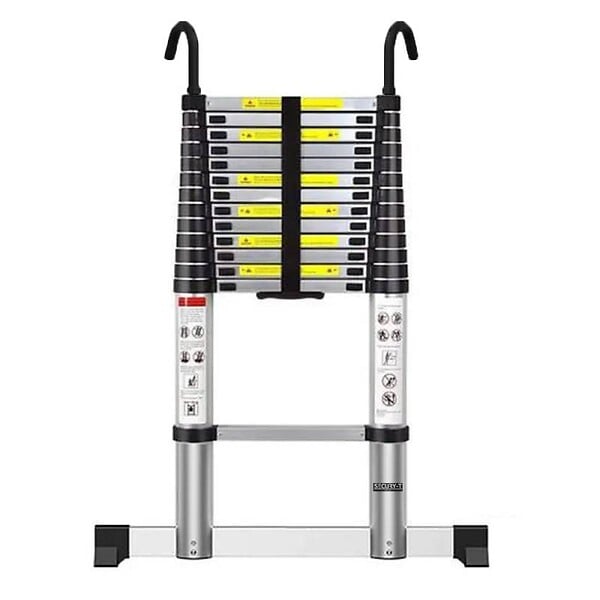 SECURY-T - Echelle télescopique aluminium 14 marches H 4,1M avec crochets démontables et barre stabilisatrice - large