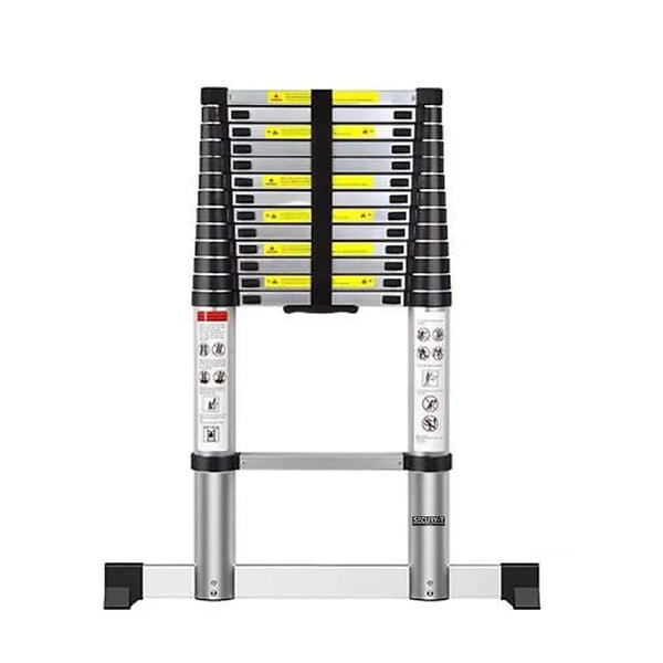 SECURY-T - Echelle télescopique aluminium 14 marches H 4,1m avec barre stabilisatrice - large