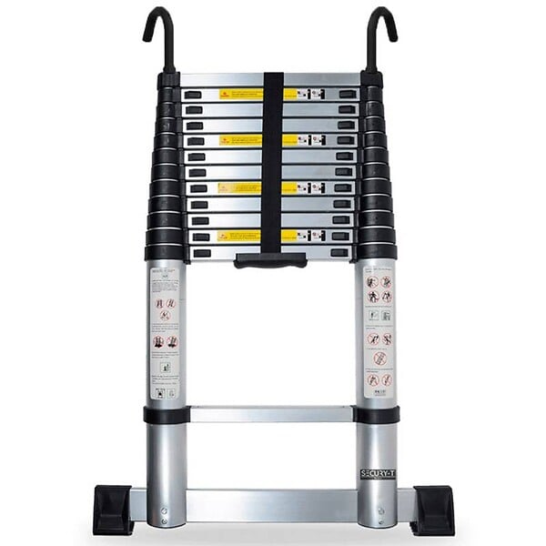 SECURY-T - Echelle télescopique aluminium 13 marches H 5,2M avec crochets démontables et barre stabilisatrice - large