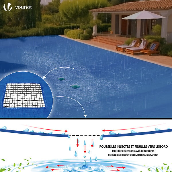 VOUNOT - Bache piscine rectangulaire double couche en Polyethylene 160 gr/m2 avec filet ecoulement 8x14m Bleue - large