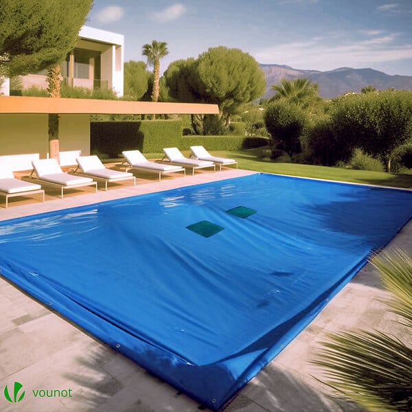 VOUNOT - Bache piscine rectangulaire double couche en Polyethylene 160 gr/m2 avec filet ecoulement 4x8m Bleue - large