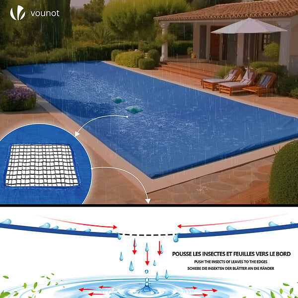 VOUNOT - Bache piscine rectangulaire double couche en Polyethylene 160 gr/m2 avec filet ecoulement 4x8m Bleue - large