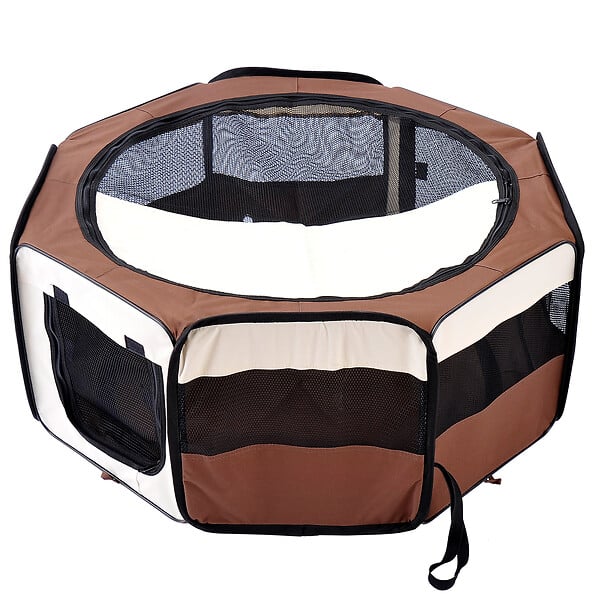 PAWHUT - Parc enclos pliable chien chat Ø 90 x 41H cm - 2 portes, 2 poches, sac transport - acier Oxford marron beige - large