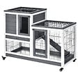 PAWHUT - Clapier à lapin sur roulettes cage à lapin 2 étages 2 portes verrouillables 2 plateaux coulissants rampe bois de sapin gris blanc - vignette