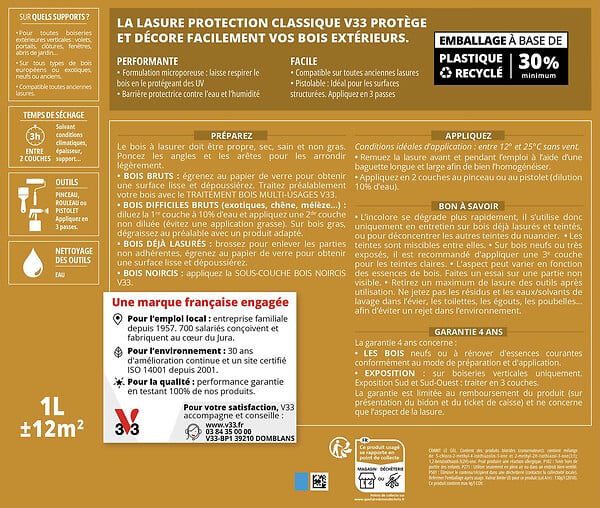 V33 BOIS - Lasure extérieure chêne doré - 0,75L - large