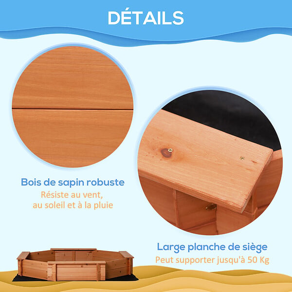 OUTSUNNY - Bac à sable bois octogonal dim. 139,5L x 139,5l x 21,5H cm - 4 bancs - bâche de couverture, non tissé de sol inclus - bois sapin pré-huilé - large