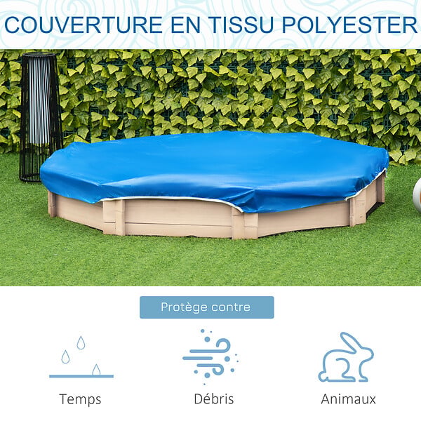 OUTSUNNY - Bac à sable bois octogonal dim. 139,5L x 139,5l x 21,5H cm - 4 bancs - bâche de couverture, non tissé de sol inclus - bois sapin - large