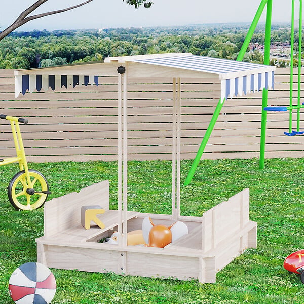 OUTSUNNY - Bac à sable carré en bois pour enfant dim. 106L x 106l cm avec bancs et couvercle - auvent réglable - large