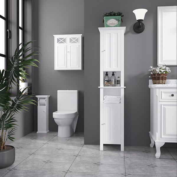 KLEANKIN - Meuble WC armoire toilette - porte, support papier - dim. 21L x 17l x 66H cm - blanc - large