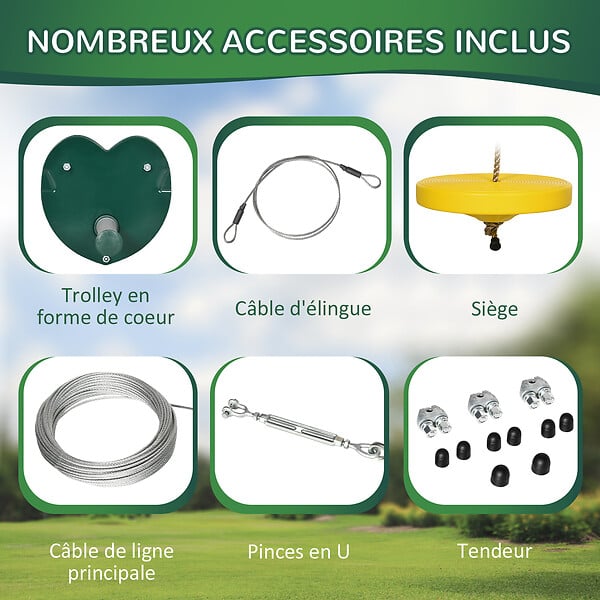 OUTSUNNY - Kit complet tyrolienne 25 m - câble épais, poulie, poignées antidérapantes, assise PE - accessoires inclus - large