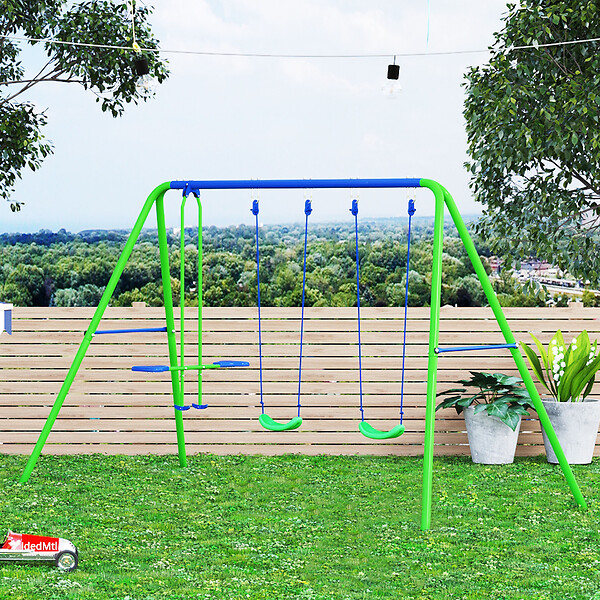 OUTSUNNY - Balançoire 3 agrès portique avec 2 balançoires et face à face dim. 2,8L x 1,4l x 1,78H m métal époxy anticorrosion PE vert bleu - large
