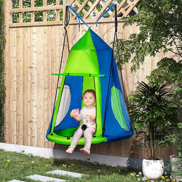 OUTSUNNY - Balançoire nid d'oiseau ronde balançoire panier Ø 1 x 1,8H m - tente amovible incluse - 4 anneaux inclus métal époxy Oxford haute densité bleu vert - large