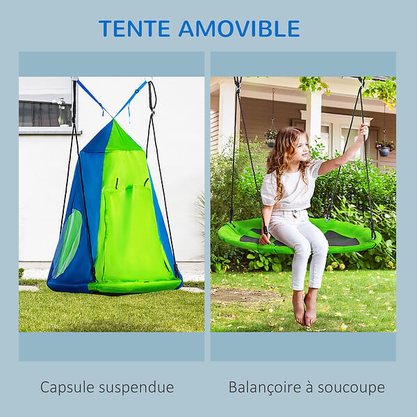 OUTSUNNY - Balançoire nid d'oiseau ronde balançoire panier Ø 1 x 1,8H m - tente amovible incluse - 4 anneaux inclus métal époxy Oxford haute densité bleu vert - large