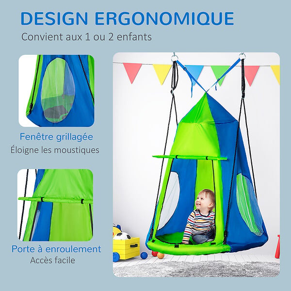 OUTSUNNY - Balançoire nid d'oiseau ronde balançoire panier Ø 1 x 1,8H m - tente amovible incluse - 4 anneaux inclus métal époxy Oxford haute densité bleu vert - large