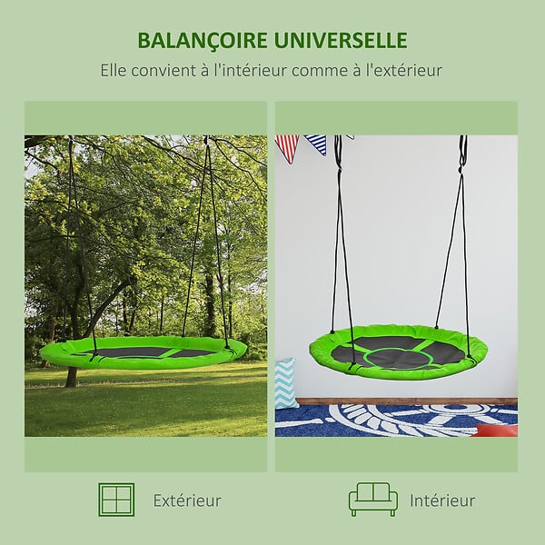 OUTSUNNY - Balançoire nid d'oiseau ronde balançoire panier Ø 110 cm 4 anneaux inclus métal époxy Oxford haute densité vert - large