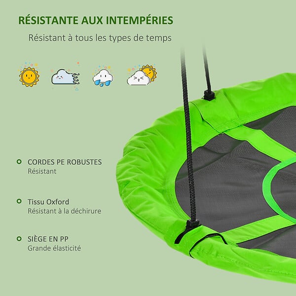 OUTSUNNY - Balançoire nid d'oiseau ronde balançoire panier Ø 110 cm 4 anneaux inclus métal époxy Oxford haute densité vert - large