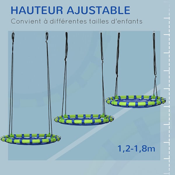 OUTSUNNY - Balançoire nid d'oiseau ronde balançoire panier Ø 100 x 120-180H cm accessoires inclus bleu vert - large
