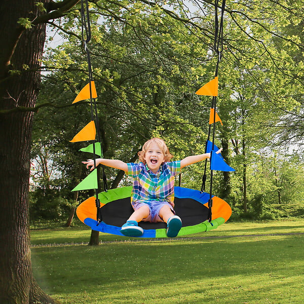 OUTSUNNY - Balançoire nid d'oiseau ronde balançoire panier Ø 100 cm 2 anneaux inclus métal époxy PP Oxford haute densité drapeaux multicolores - large
