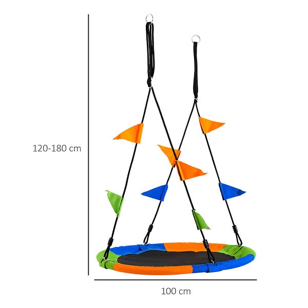 OUTSUNNY - Balançoire nid d'oiseau ronde balançoire panier Ø 100 cm 2 anneaux inclus métal époxy PP Oxford haute densité drapeaux multicolores - large