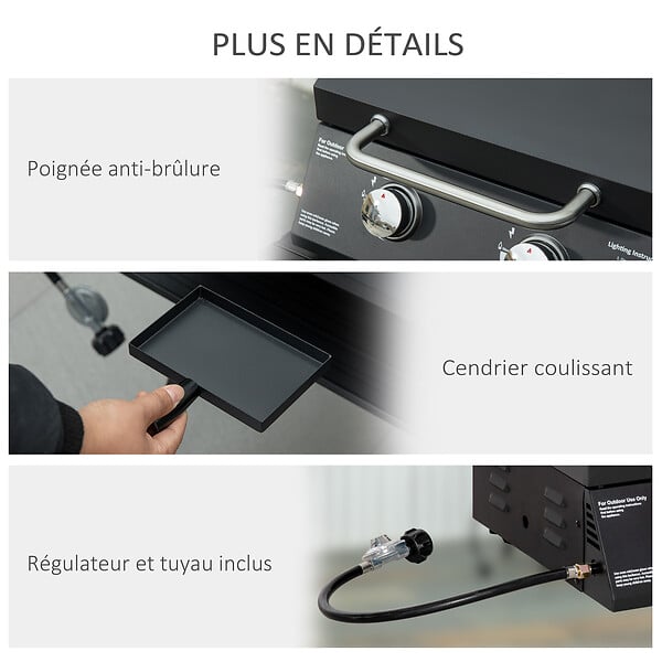 OUTSUNNY - Barbecue gaz de table transportable pieds pliables - 2 brûleurs 5 kW - barbecue gaz de camping - grille de cuisson, réceptacle graisse, thermomètre - acier noir - large