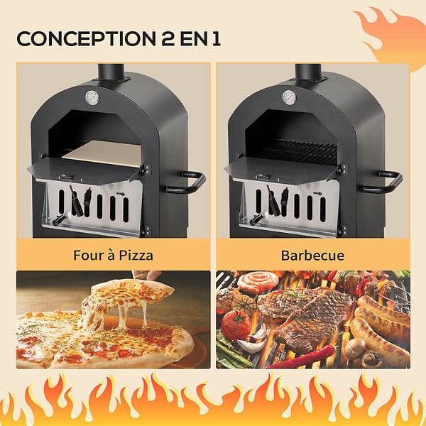 OUTSUNNY - Four à pizza extérieur au charbon de bois - barbecue sur roulettes - four à bois - pierre réfractaire - cheminée, jauge température - acier au carbone noir gris - large