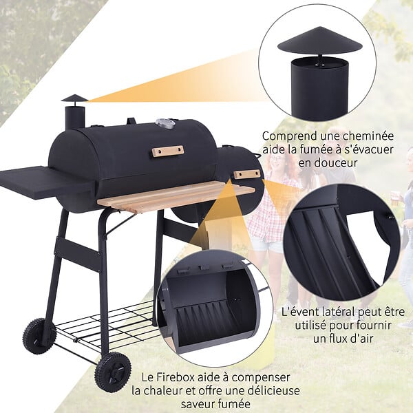 OUTSUNNY - Barbecue à charbon fumoir BBQ grill smoker sur pied avec couvercle, roulettes, thermomètre, étagères  acier laminé à froid noir - large