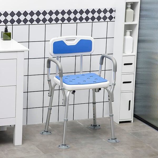HOMCOM - Chaise de douche siège de douche ergonomique hauteur réglable pieds antidérapants charge max. 136 Kg alu HDPE blanc bleu - large