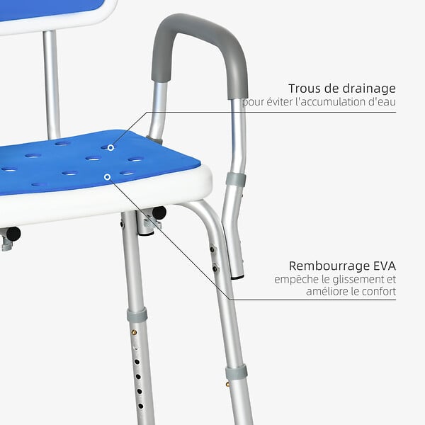 HOMCOM - Chaise de douche siège de douche ergonomique hauteur réglable pieds antidérapants charge max. 136 Kg alu HDPE blanc bleu - large