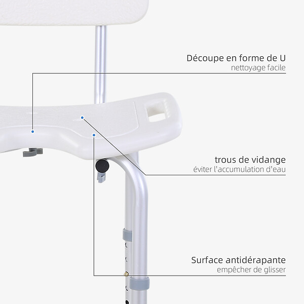 HOMCOM - Chaise de douche siège de douche ergonomique hauteur assise réglable pieds antidérapants charge max. 136 Kg alu HDPE blanc - large