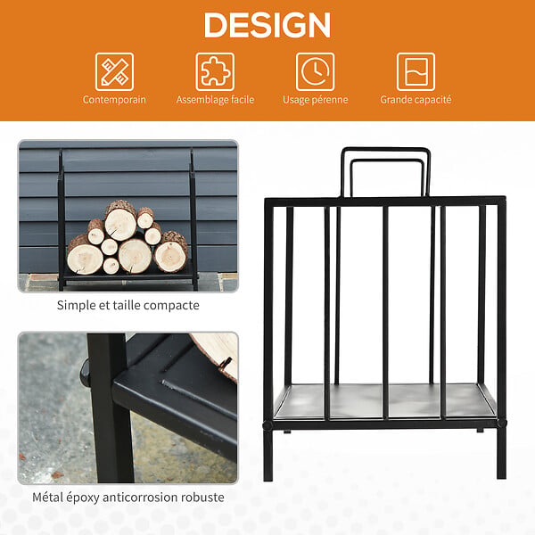 HOMCOM - HOMCOM Etagère porte bois de cheminée porte-bûches charge max. 15 Kg dim. 44L x 33l x 46H cm métal époxy noir - large