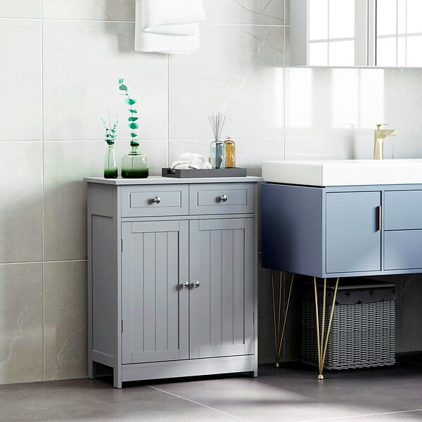 KLEANKIN - Meuble bas salle de bain - 2 portes, 2 tiroirs, étagère - poignées boutons métal - gris - large