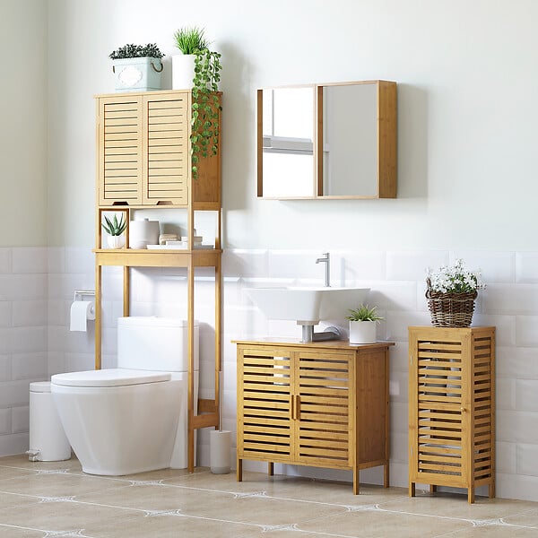 KLEANKIN - Meuble bas de salle de bain une porte - étagère réglable - bois de bambou verni - large