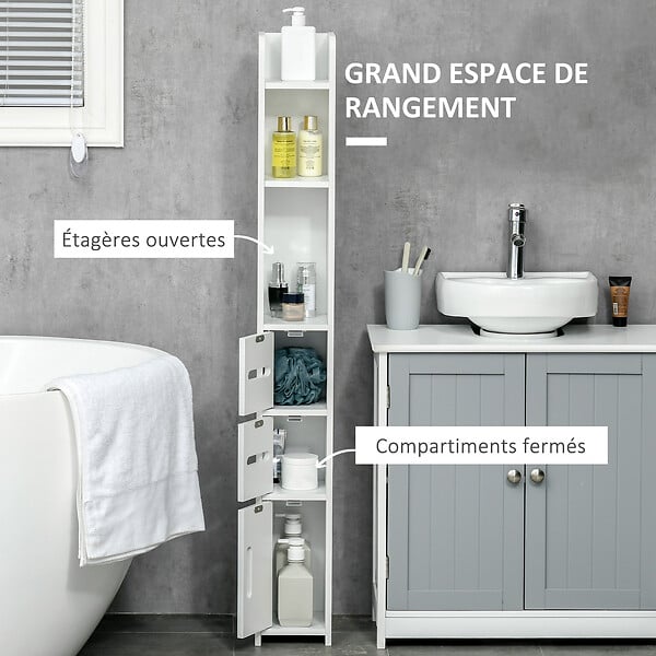KLEANKIN - Meuble bas colonne rangement salle de bain WC 3 portes 2 niches étagère blanc - large