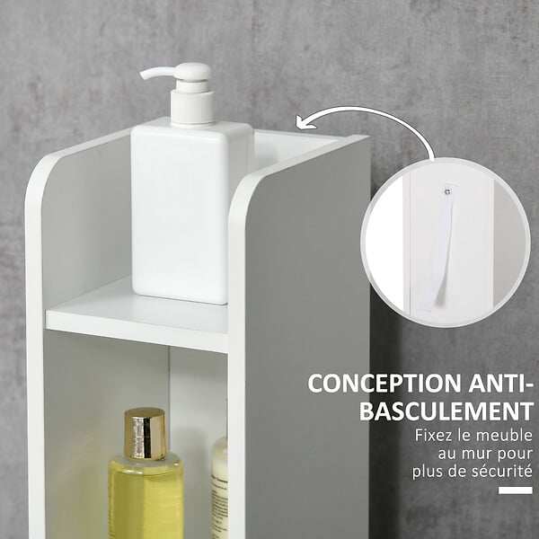 KLEANKIN - Meuble bas colonne rangement salle de bain WC 3 portes 2 niches étagère blanc - large