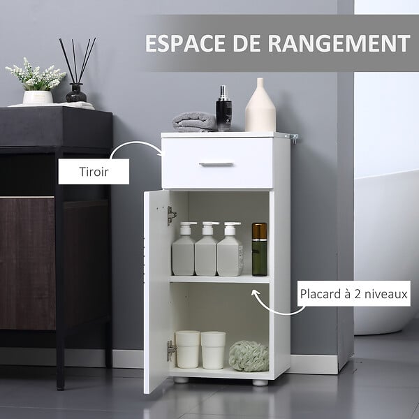 KLEANKIN - Meuble bas de salle de bain placard porte avec étagère tiroir coulissant panneaux particules blanc - large