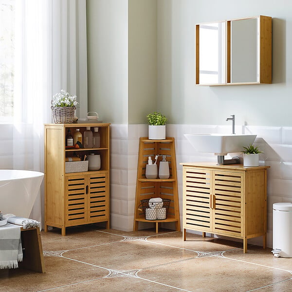 KLEANKIN - Meuble rangement bas salle de bain bambou style naturel 2 portes avec étagère 2 niches bambou - large