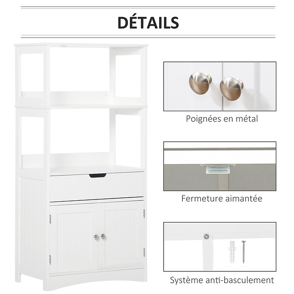 KLEANKIN - Meuble de rangement salle de bain - 2 portes, tiroir, 3 étagères - dim. 60L x 33l x 122H cm - MDF blanc - large