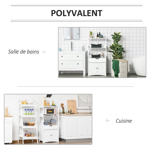 KLEANKIN - Meuble de rangement salle de bain - 2 portes, tiroir, 3 étagères - dim. 60L x 33l x 122H cm - MDF blanc - large